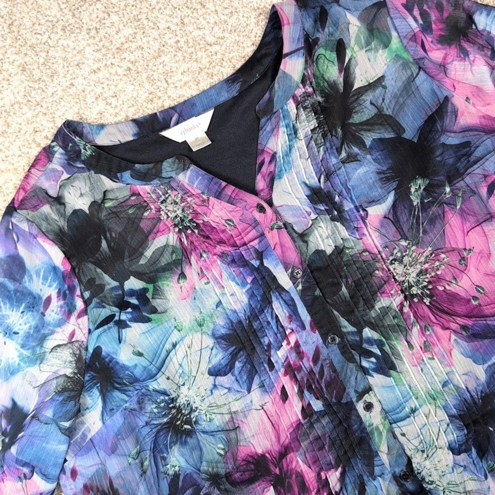 CJ Banks Floral Print Sheer Blouse Long Sleeve Pleated V-Neck Size 2X